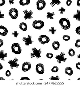 Seamless pattern with black sketch hand drawn brush scribble circles shape and cross symbols on white background. Abstract grunge texture. Vector illustration