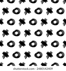 Seamless pattern with black sketch hand drawn brush scribble circles shape and cross symbols on white background. Abstract grunge texture. Vector illustration