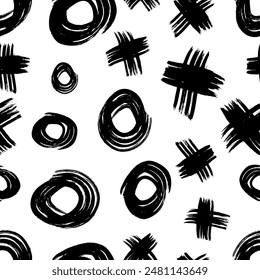 Seamless pattern with black sketch hand drawn brush scribble circles shape and cross symbols on white background. Abstract grunge texture. Vector illustration
