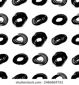 Seamless pattern with black sketch hand drawn brush scribble circles shape on white background. Abstract grunge texture. Vector illustration