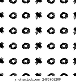 Patrón sin fisuras con boceto negro dibujado a mano pincel garabato forma de círculos y símbolos cruzados sobre fondo blanco. Abstractas textura grunge. Ilustración vectorial