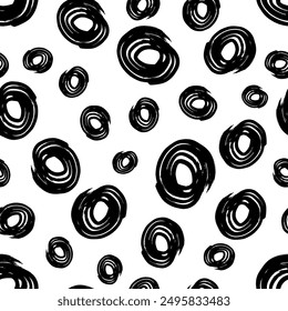 Seamless pattern with black sketch hand drawn brush scribble circles shape on white background. Abstract grunge texture. Vector illustration