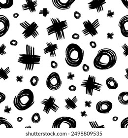 Seamless pattern with black sketch hand drawn brush scribble circles shape and cross symbols on white background. Abstract grunge texture. Vector illustration