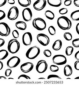 Seamless pattern with black sketch hand drawn brush scribble circles shape on white background. Abstract grunge texture. Vector illustration