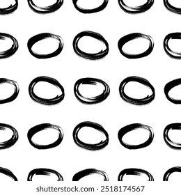 Seamless pattern with black sketch hand drawn brush scribble circles shape on white background. Abstract grunge texture. Vector illustration