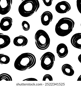 Seamless pattern with black sketch hand drawn brush scribble circles shape on white background. Abstract grunge texture. Vector illustration