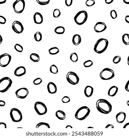 Seamless pattern with black sketch hand drawn brush scribble circles shape on white background. Abstract grunge texture. Vector illustration