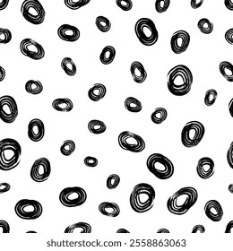 Seamless pattern with black sketch hand drawn brush scribble circles shape on white background. Abstract grunge texture. Vector illustration