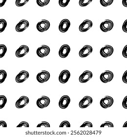 Seamless pattern with black sketch hand drawn brush scribble circles shape on white background. Abstract grunge texture. Vector illustration