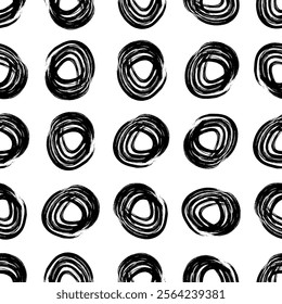 Seamless pattern with black sketch hand drawn brush scribble circles shape on white background. Abstract grunge texture. Vector illustration