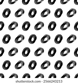 Seamless pattern with black sketch hand drawn brush scribble circles shape on white background. Abstract grunge texture. Vector illustration