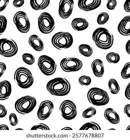 Seamless pattern with black sketch hand drawn brush scribble circles shape on white background. Abstract grunge texture. Vector illustration