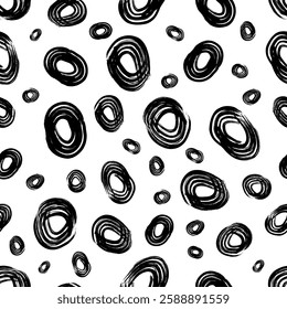 Seamless pattern with black sketch hand drawn brush scribble circles shape on white background. Abstract grunge texture. Vector illustration