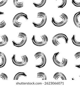Seamless pattern with black sketch hand drawn brush scribble circles shape on white background. Abstract grunge texture. Vector illustration