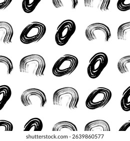 Seamless pattern with black sketch hand drawn brush scribble circles shape on white background. Abstract grunge texture. Vector illustration