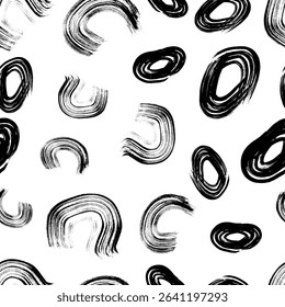Seamless pattern with black sketch hand drawn brush scribble circles shape on white background. Abstract grunge texture. Vector illustration