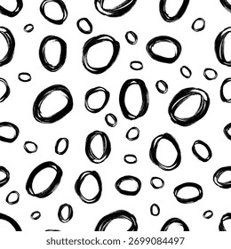 Seamless pattern with black sketch hand drawn brush scribble circles shape on white background. Abstract grunge texture. Vector illustration