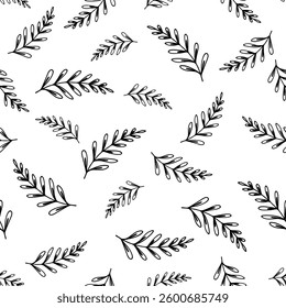 Seamless pattern black sketch leaves. Vector floral background in trendy minimalistic linear style.