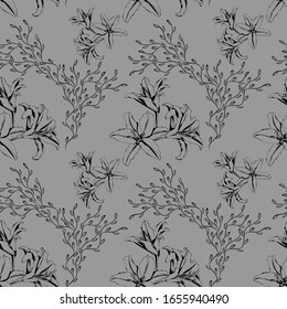seamless pattern with black sketch lilies on grey background
