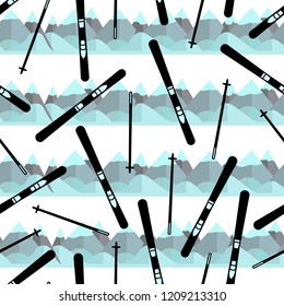 Seamless pattern with black skis and colorful mountains. Vector illustration