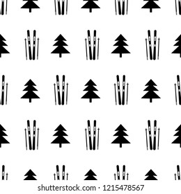 Seamless pattern with black skis and fir tree on the white background. Vector illustration