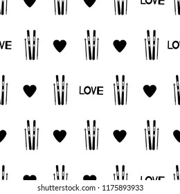 Seamless pattern with black skis, hearts and words Love on the white background. Vector illustration