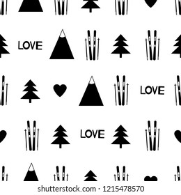 Seamless pattern with black skis, mountains, words love, hearts and fir tree on the white background. Vector illustration