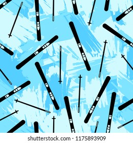 Seamless pattern with black skis on the blue brush strokes background. Vector illustration