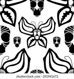 Seamless pattern with black skull and butterflies on white background.