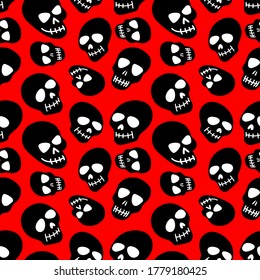 Seamless pattern of a black skull on a red background. Skull pattern. Bright design for Halloween, day of the dead, printing, wrapping paper