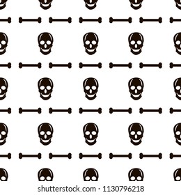 Seamless pattern with black skulls and bones on the white background. Vector illustration