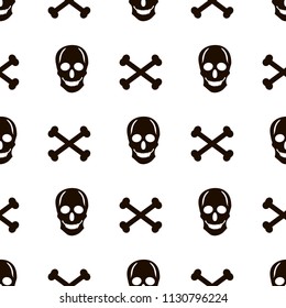 Seamless pattern with black skulls and bones on the white background. Vector illustration