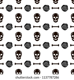 Seamless pattern with black skulls, bones and roses on the white background. Vector illustration