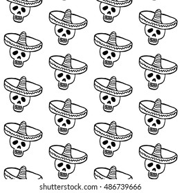 seamless pattern black skulls in hat  on a white background. In doodle style. Hand draw.