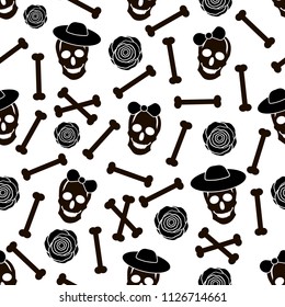 Seamless pattern with black skulls, hats, bones and roses on the white background. Vector illustration