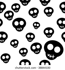 Seamless pattern with black skulls on white background. Vector illustration.