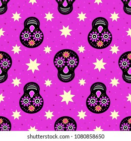 Seamless pattern with black skulls and stars on pink background. Pattern for Wallpaper, textiles, wrapping paper, greeting cards for the holiday day of the dead in Mexico, Nicaragua, Guatemala.