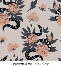 Seamless pattern with black snakes and flowers. Vector illustration with hand-drawn reptiles. 