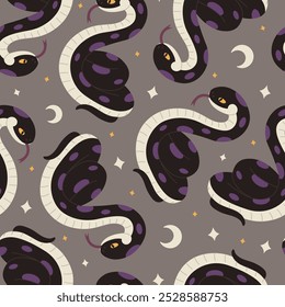 Seamless pattern with black snakes, moons and stars on grey background. Mystic animal. Halloween print. Vector flat illustration