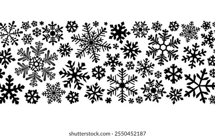 A seamless pattern of black snowflake silhouettes against a white background, creating a bold and striking winter-themed design. Ideal for decorations or graphic projects.