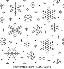 Seamless pattern with black snowflakes on white background. Flat line snowing icons, cute snow flakes repeat wallpaper. Nice element for christmas banner, wrapping. New year traditional ornament.