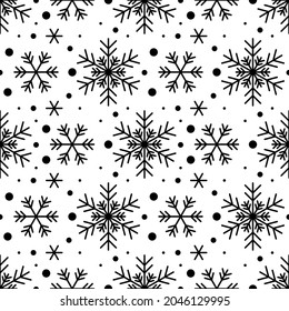Nahtloses Muster mit schwarzen Schneeflocken auf weißem Hintergrund. Festliche Winter traditionelle Dekoration für Neujahr, Weihnachten, Feiertage und Design. Ornament der einfachen Linie wiederholen Schneeflocke