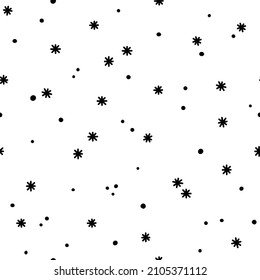 Seamless pattern of black snowflakes on a white background. Simple pattern for backdrops, wrapping paper and seasonal design. Christmas background with snow in scandinavian style