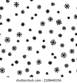 Nahtloses Muster schwarzer Schneeflocken auf weißem Hintergrund. Einfaches Muster für Backdrop, Wickelpapier und saisonales Design. Weihnachtshintergrund mit Schnee im skandinavischen Stil