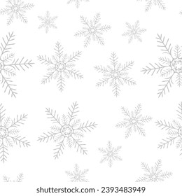 Seamless pattern with black snowflakes on white background. Flat line snowing icons, cute snow flakes repeat wallpaper. Nice element for christmas banner, wrapping. New year traditional ornament