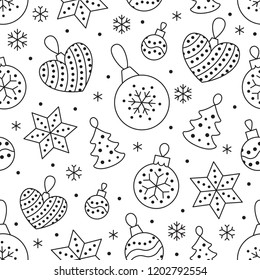 Seamless pattern with black snowflakes and toy balls on white background. Flat line pine tree decoration icons, cute repeat wallpaper. Nice element for christmas banner, wrapping. New year ornament.