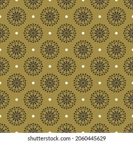 Patrón sin foco con copos de nieve negros, puntos blancos sobre fondo dorado. El invierno festivo decoración tradicional para Año Nuevo, Navidad, vacaciones y diseño. Ornamento de línea simple