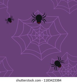Seamless pattern of black spider with red eyes and purple spider web on violet background. Flat design vector, square shape. Use as background, wallpaper or print as wrapping paper, fabric, tile, etc.