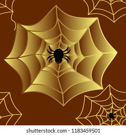 Seamless pattern of black spider with red eyes and yellow gold spider web on brown background. Vector illustration, EPS10, square shape. Use as background, wallpaper or print as wrapping paper, fabric