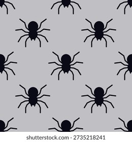 Seamless pattern with black spider silhouettes on grey background. Minimal spooky design for Halloween themes, wrapping paper, packaging, textile, crafts, wallpapers and surface prints. Flat vector.